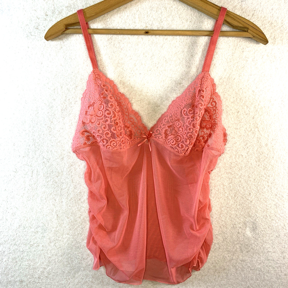 Victorias Secret Sheer Mesh Lace Cami Sz M Pink Bow Coquette Y2K Lingerie Ruched